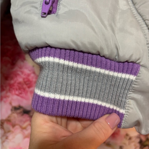 Women's Gray and Purple Puffer Jacket with Removable Sleeves - Picture 2 of 13